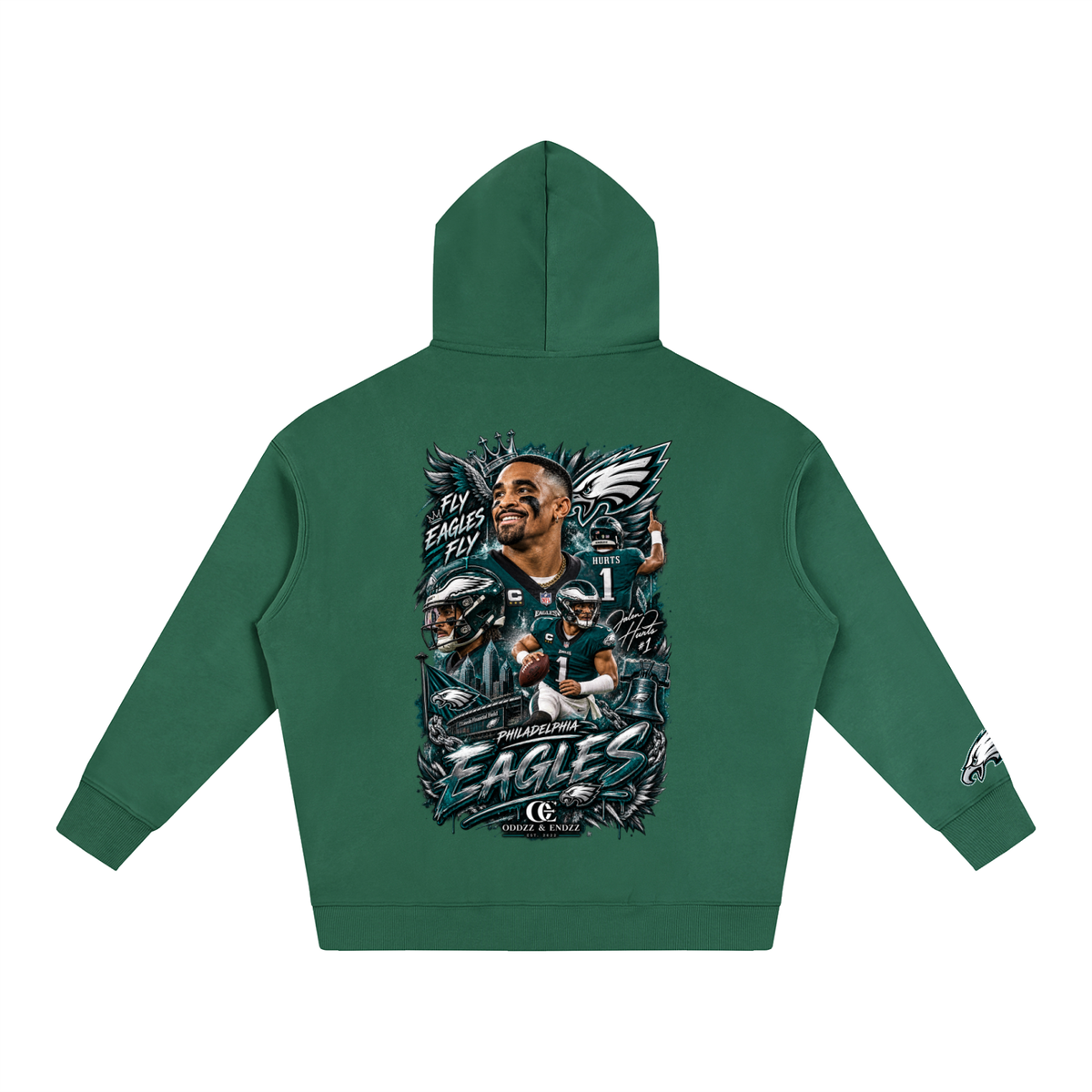 A green Philadelphia Eagles hoodie shown from the back, featuring a large graphic print of Eagles quarterback Carson Wentz and team logos, with a small logo on the left sleeve.