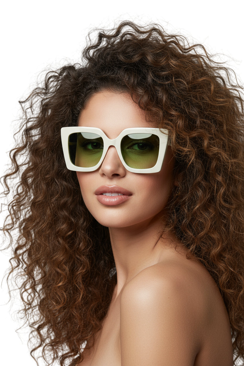 A pair of white oversized square chunky sunglasses with metal arms and pearl ends.