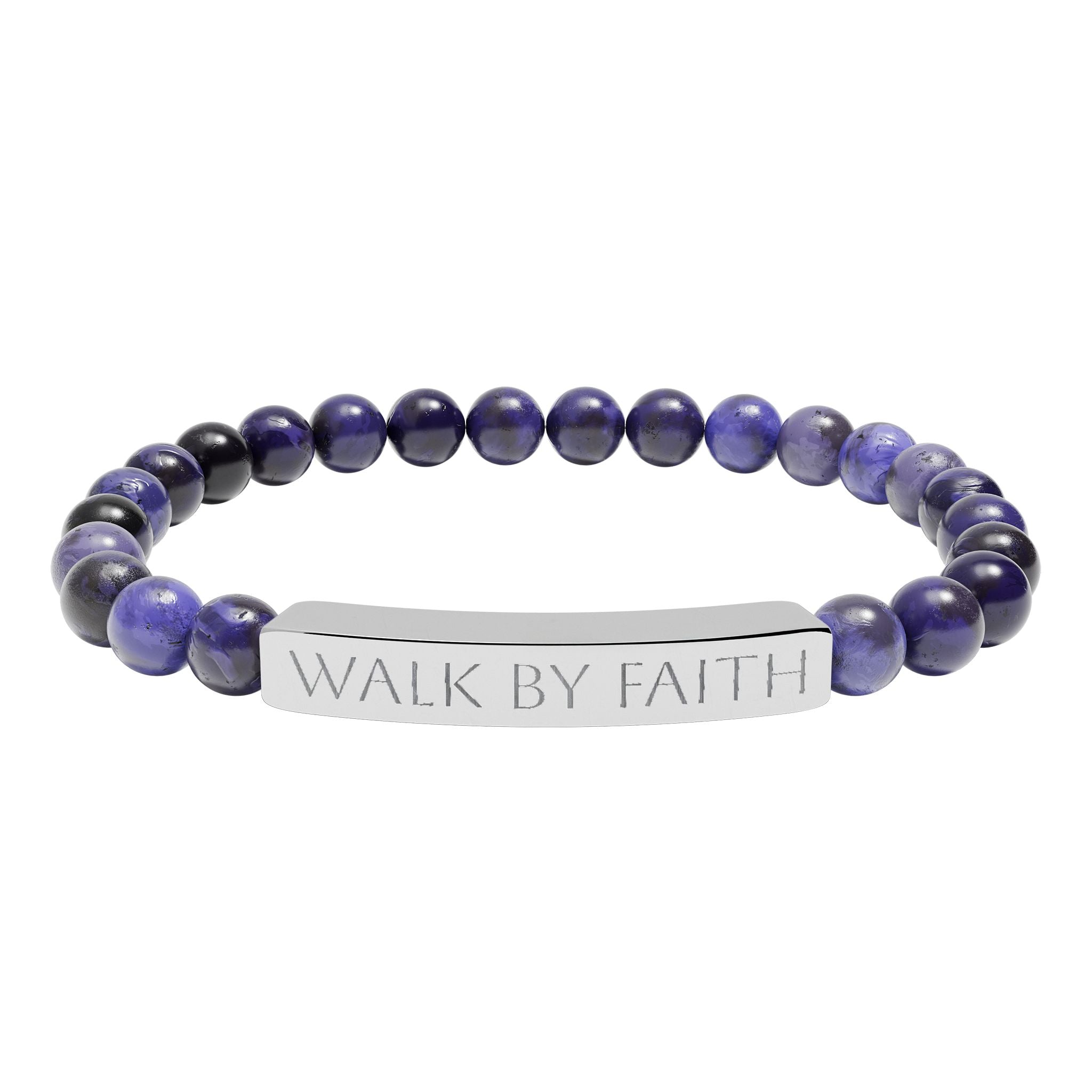 Walk By Faith black beaded Christian bracelet with engraved stainless steel bar