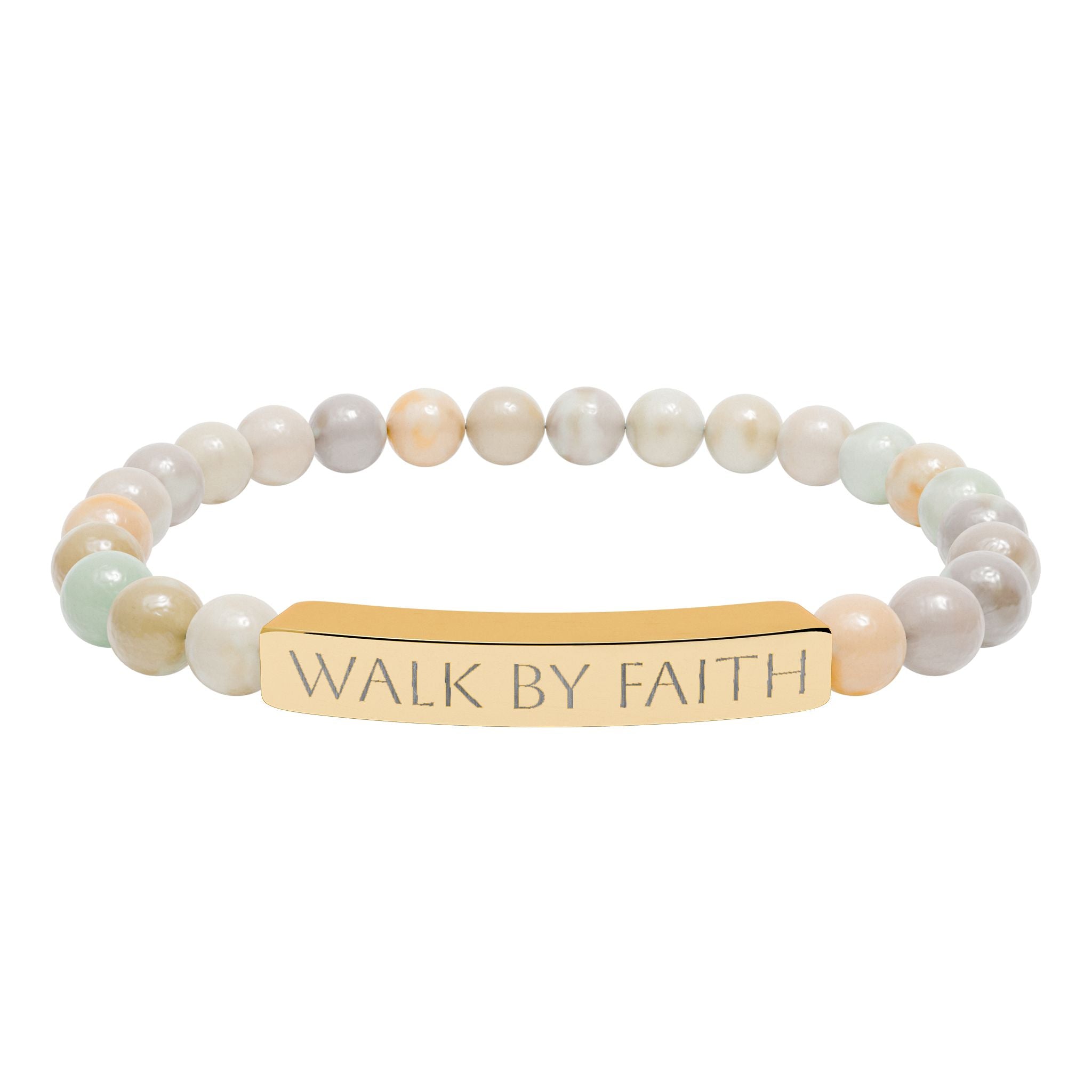 Walk By Faith black beaded Christian bracelet with engraved stainless steel bar