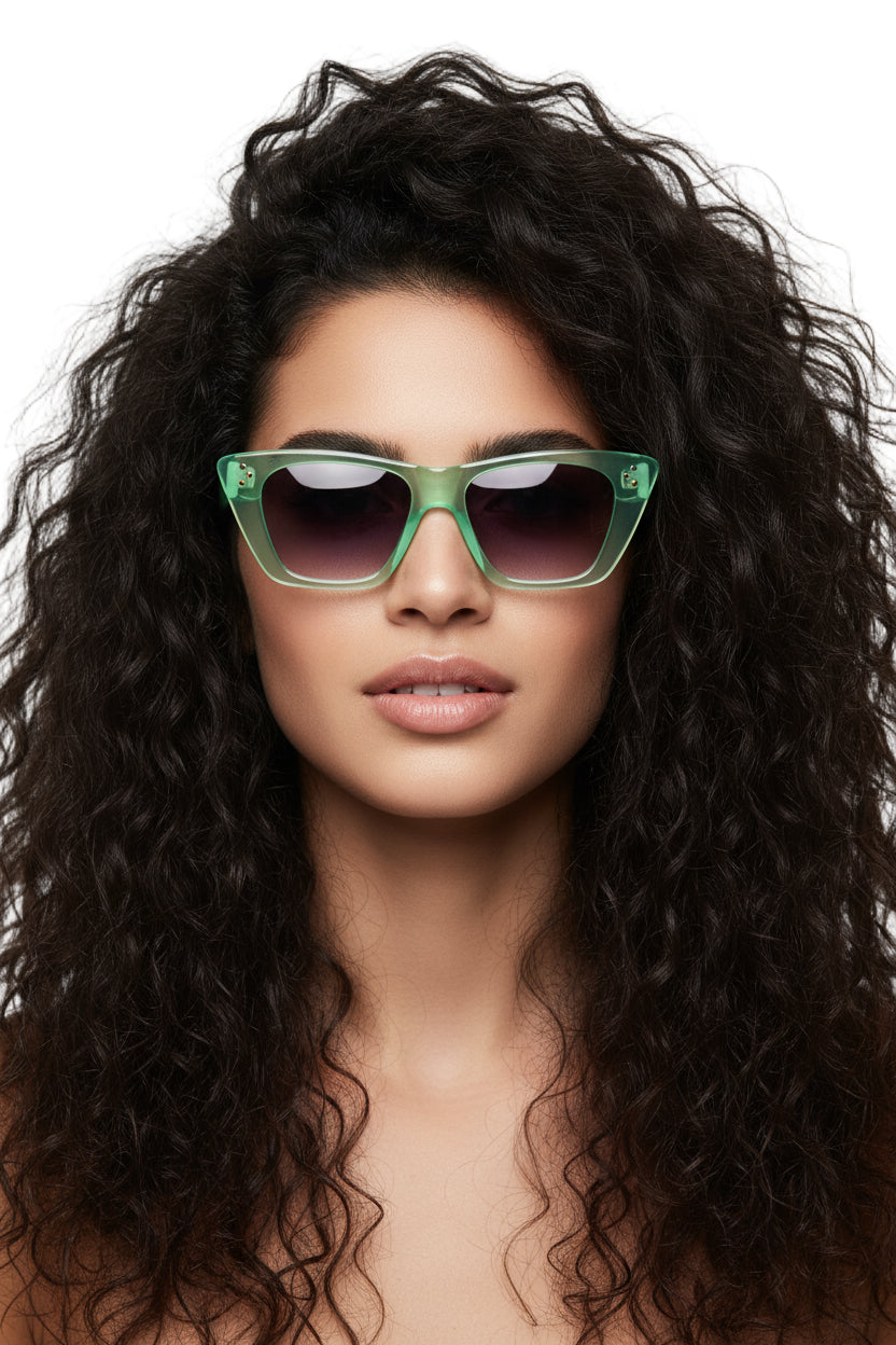 Green semi cat-eye shaped sunglasses with a plastic frame and PCLens.