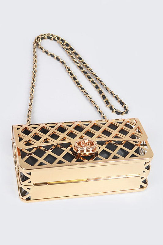 metal cage shoulder bag structured chain strap statement handbag