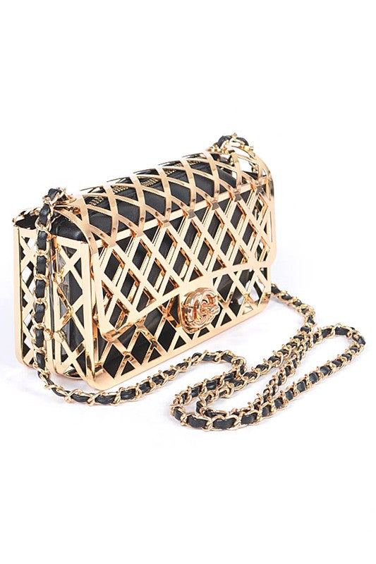 metal cage shoulder bag structured chain strap statement handbag