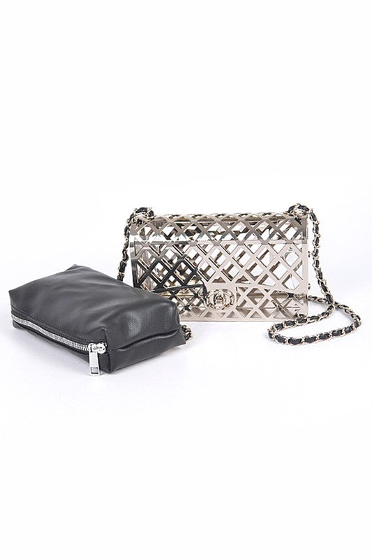 metal cage shoulder bag structured chain strap statement handbag