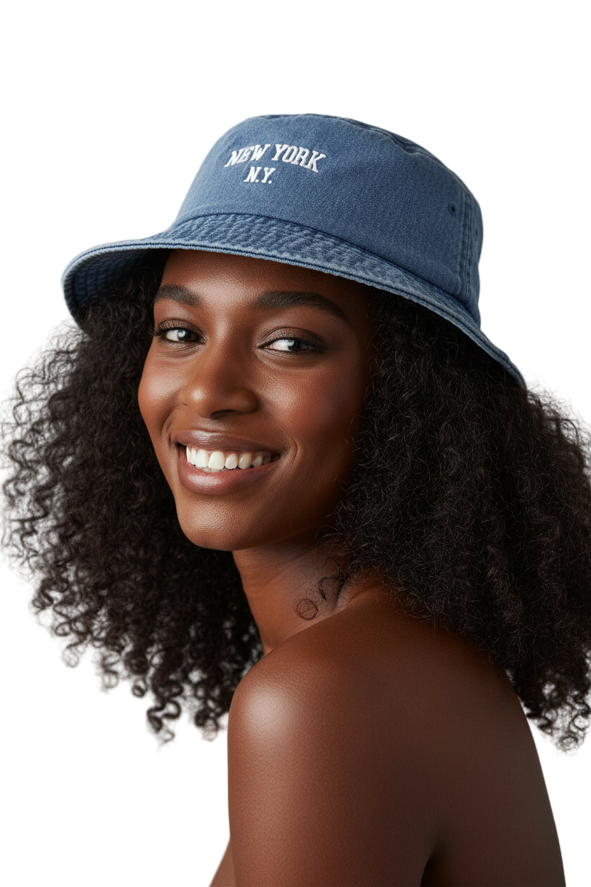 A blue and white bucket hat with 'NEW YORK' printed on the front.