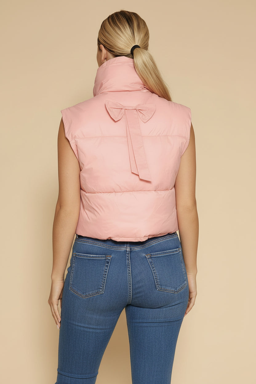 bow cropped puffer vest quilted women’s outerwear