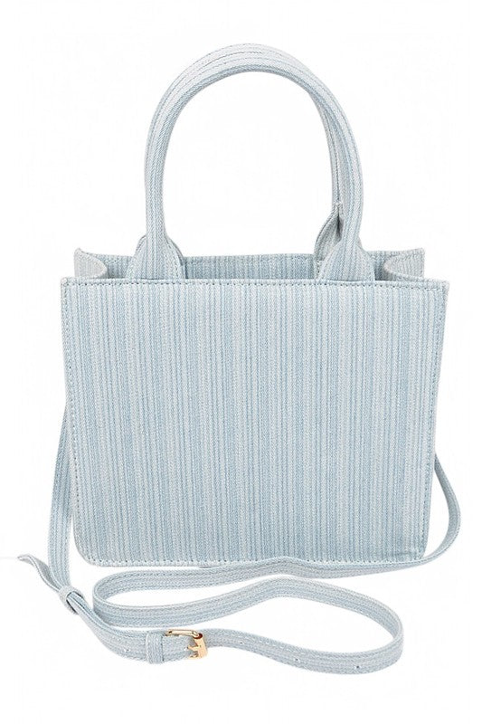 striped denim convertible tote mini top handle crossbody bag
