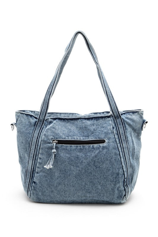 vintage washed denim tote top handle fashion bag