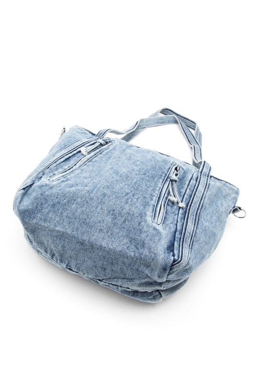 vintage washed denim tote top handle fashion bag