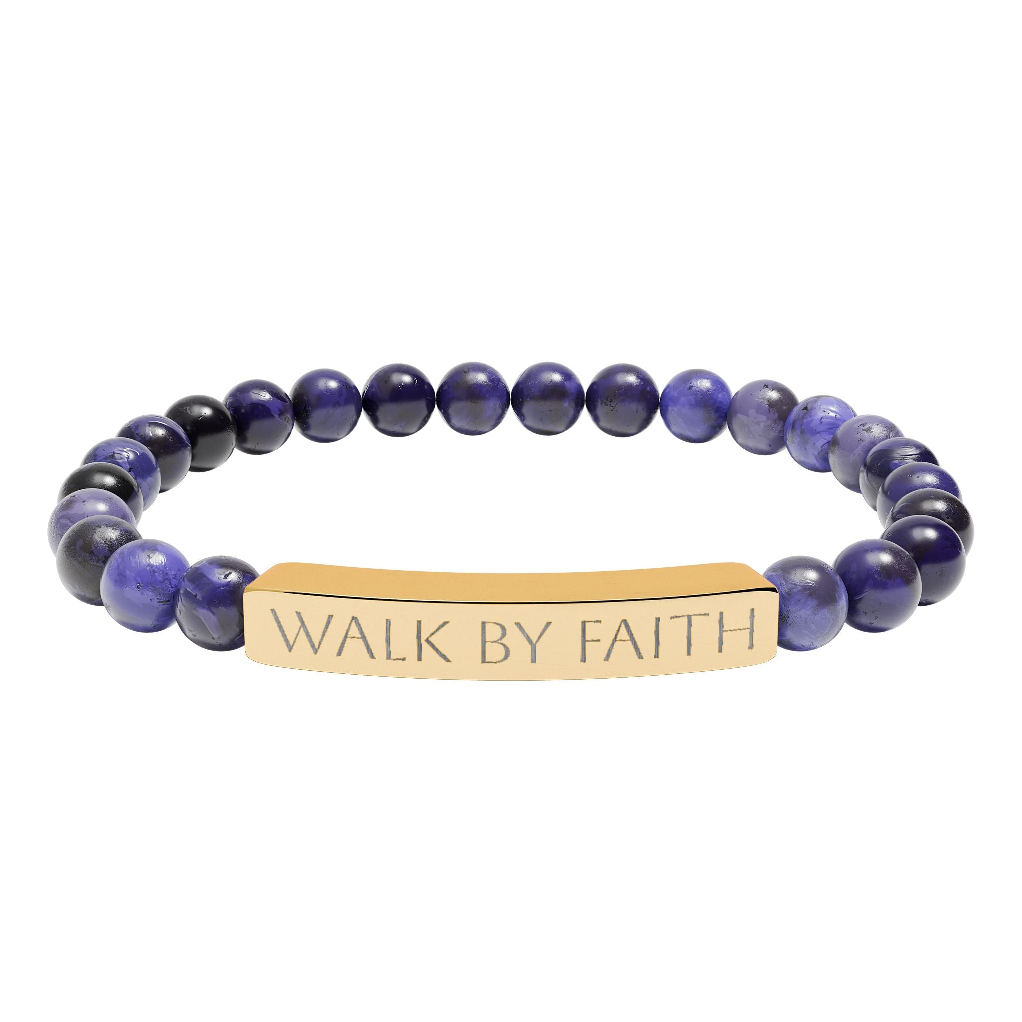 Walk By Faith black beaded Christian bracelet with engraved stainless steel bar