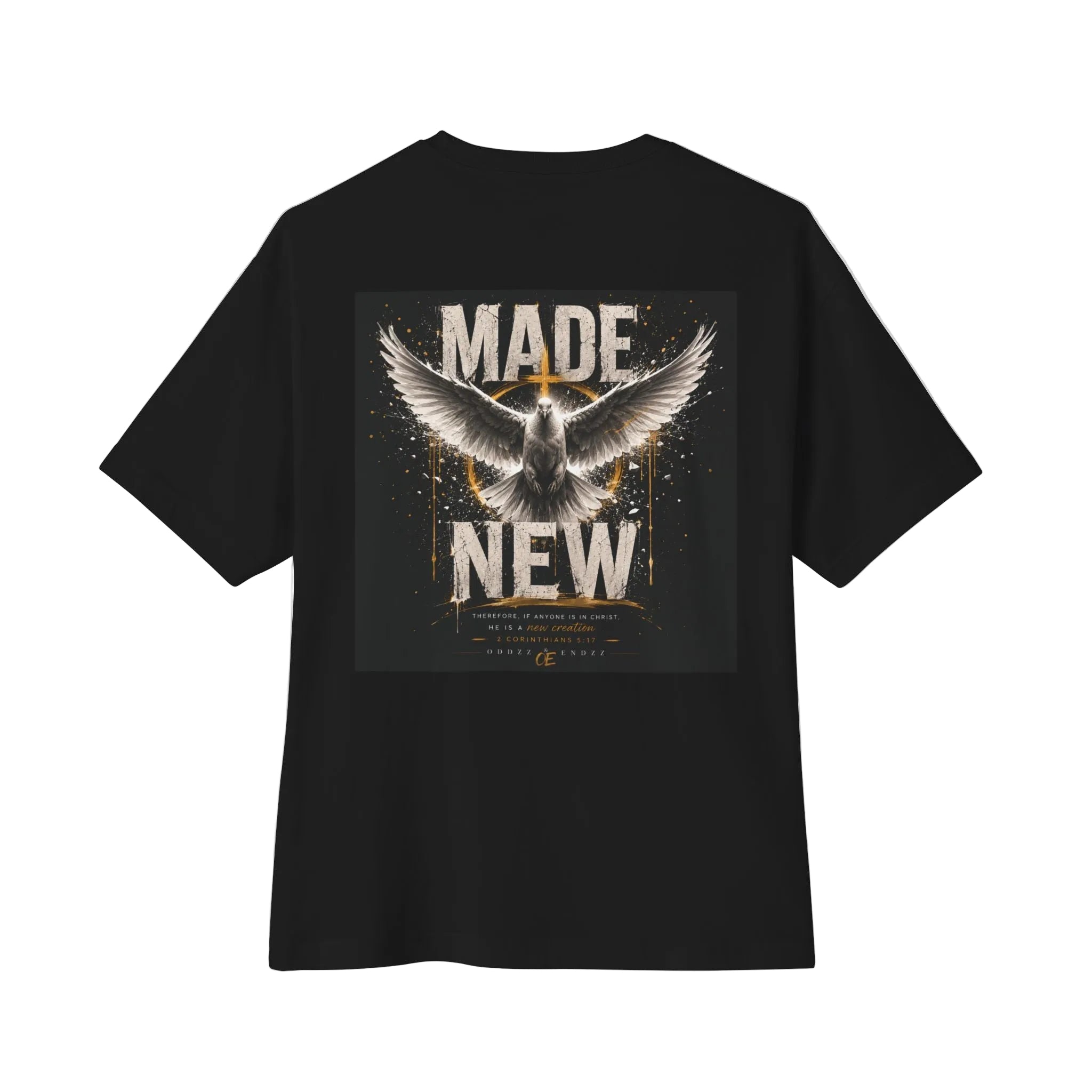 Made New Christian graphic tee inspired by 2 Corinthians 5:17 featuring a dove and oversized streetwear design