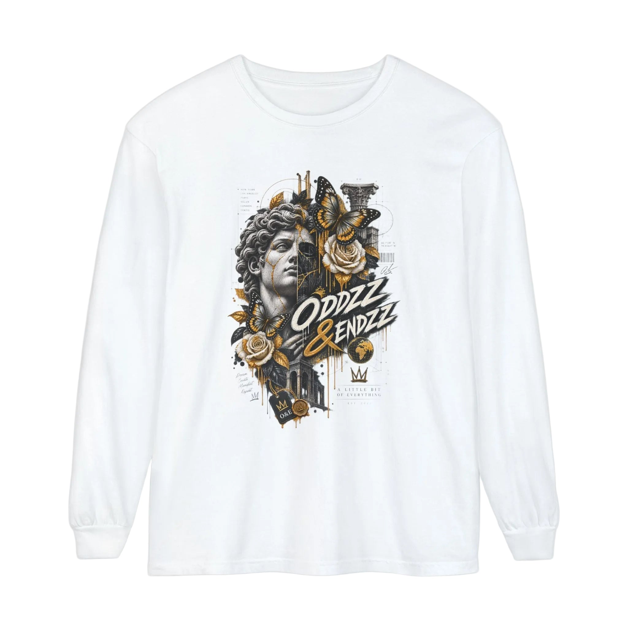 White premium long sleeve t-shirt featuring a Renaissance-inspired statue, architectural blueprint graphics, florals, butterflies, and Oddzz & Endzz® luxury streetwear artwork.
