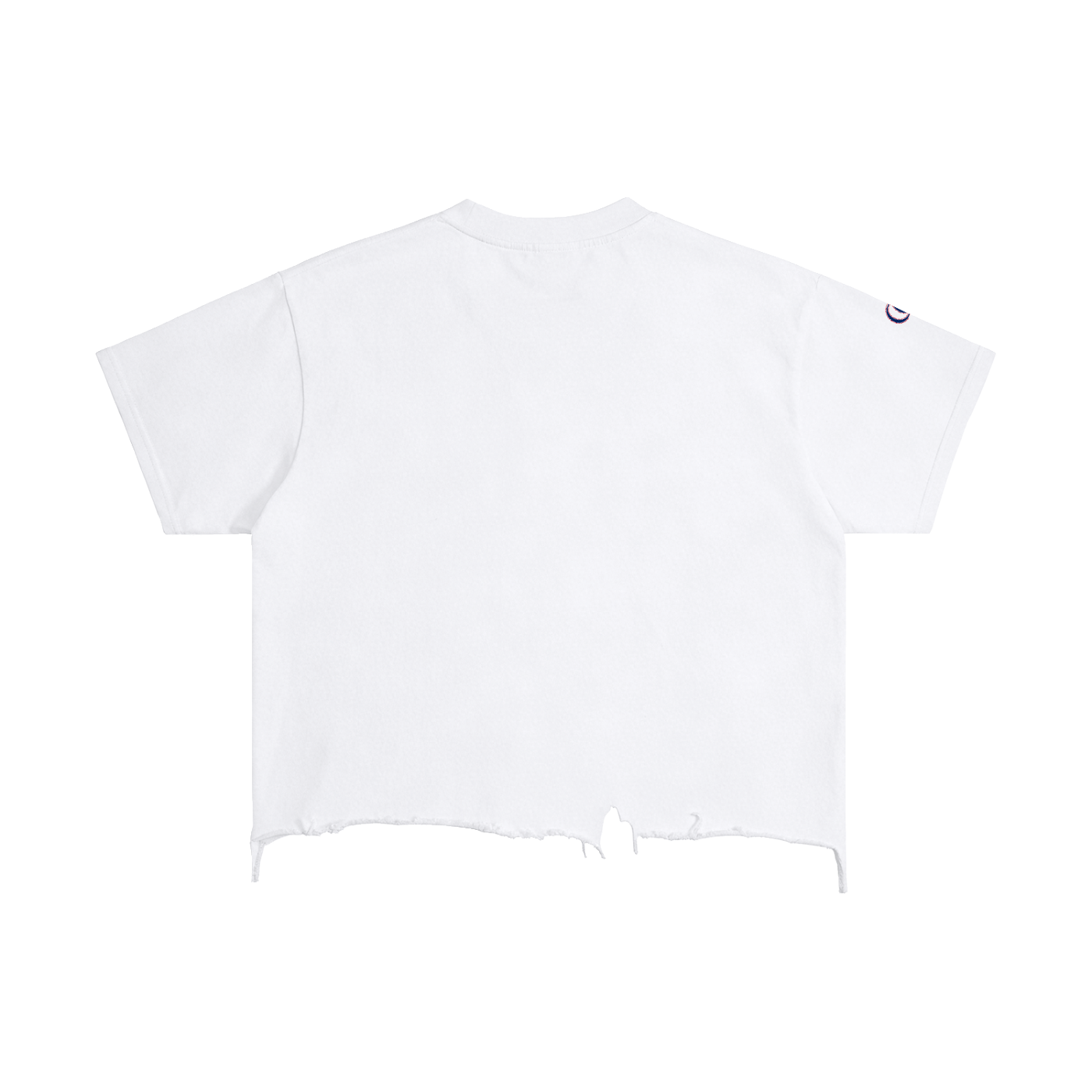 A white short-sleeve crop top t-shirt with a raw, frayed hem and a small embroidered Champion logo on the left sleeve, shown flat on a white background.