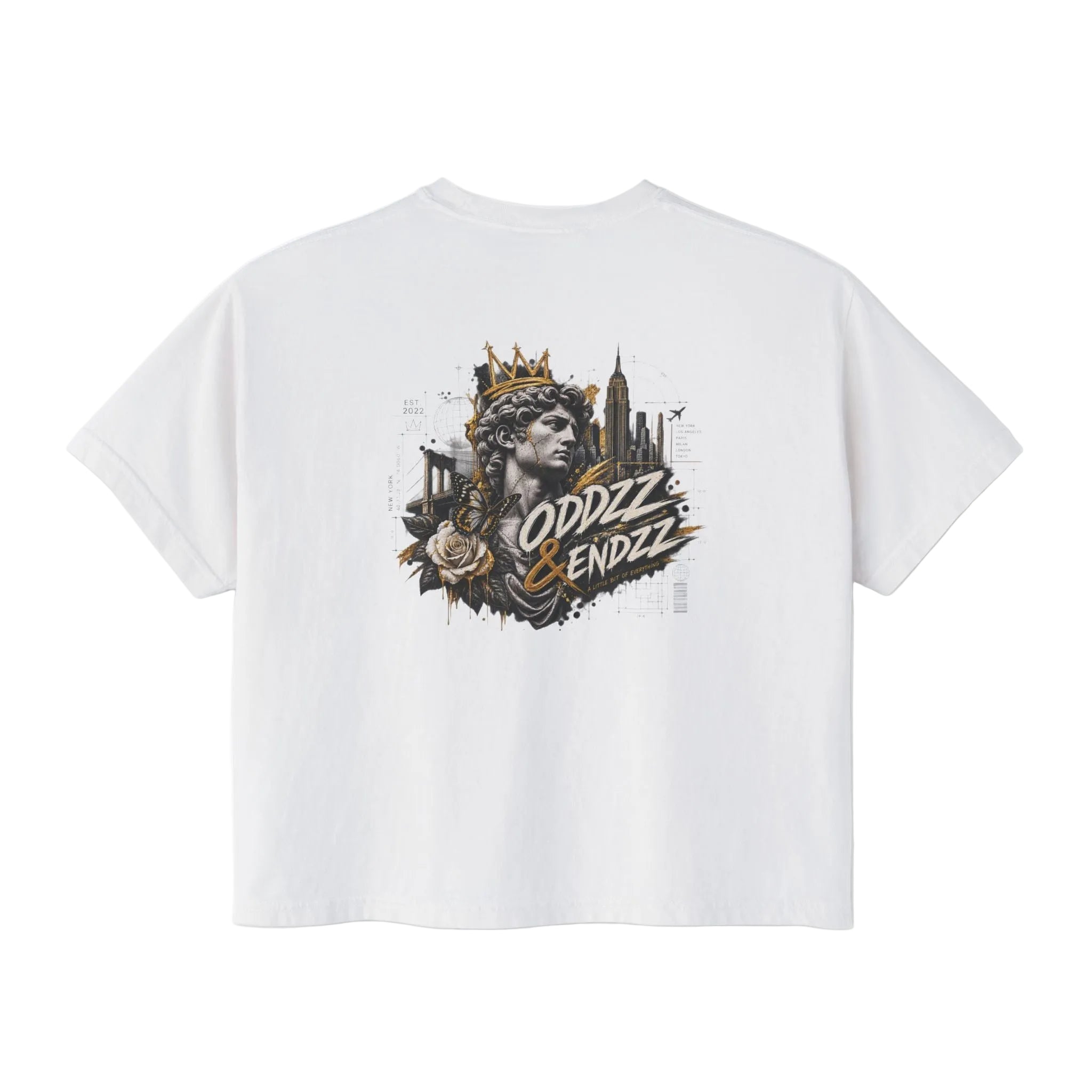 A white short-sleeve t-shirt shown from the back, featuring a large graphic print of a crowned statue head, a rose, and the text 'ODDZZ ENDZZ' in stylized lettering.