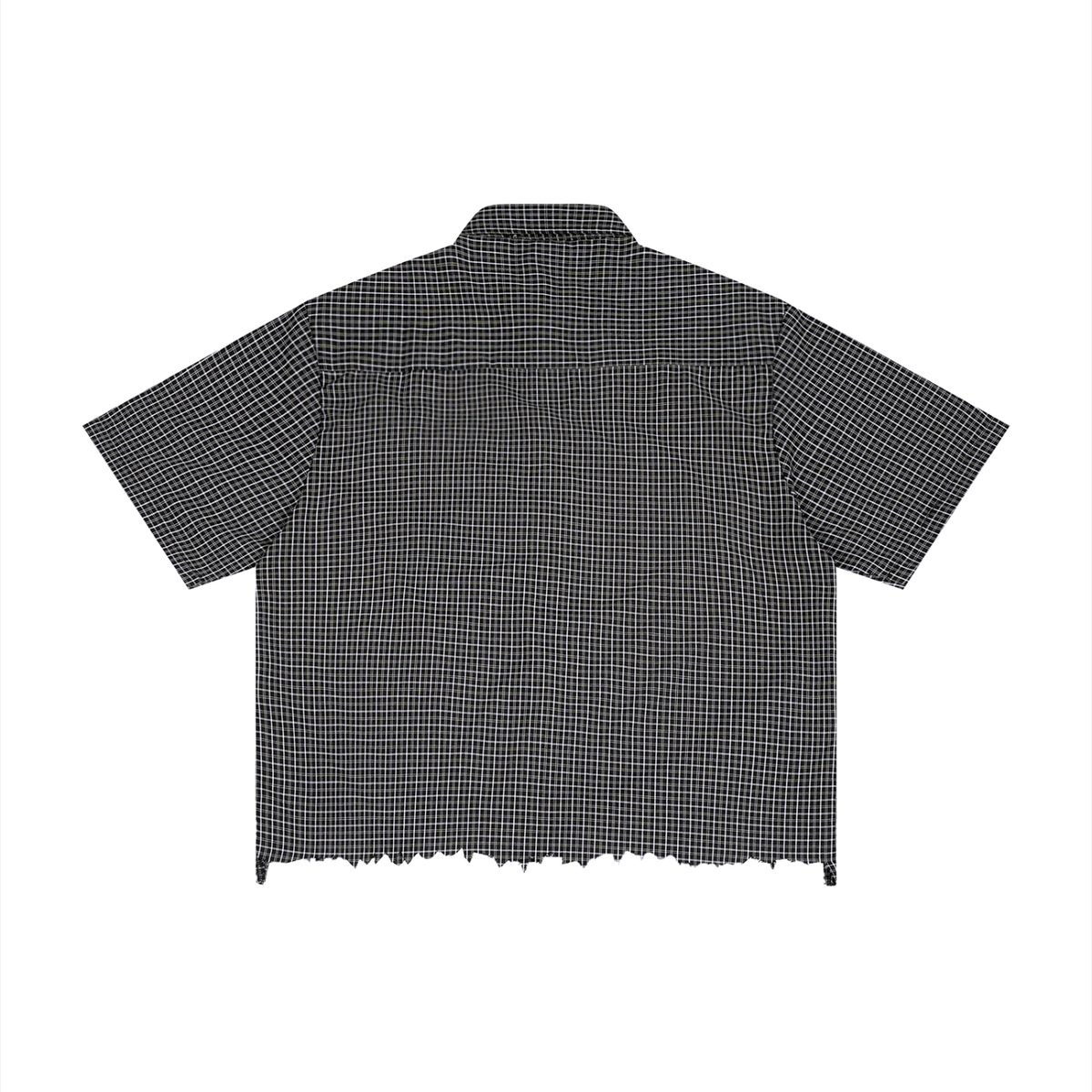 Oddzz & Endzz® unisex black and white distressed grid short sleeve button-up shirt with OE monogram