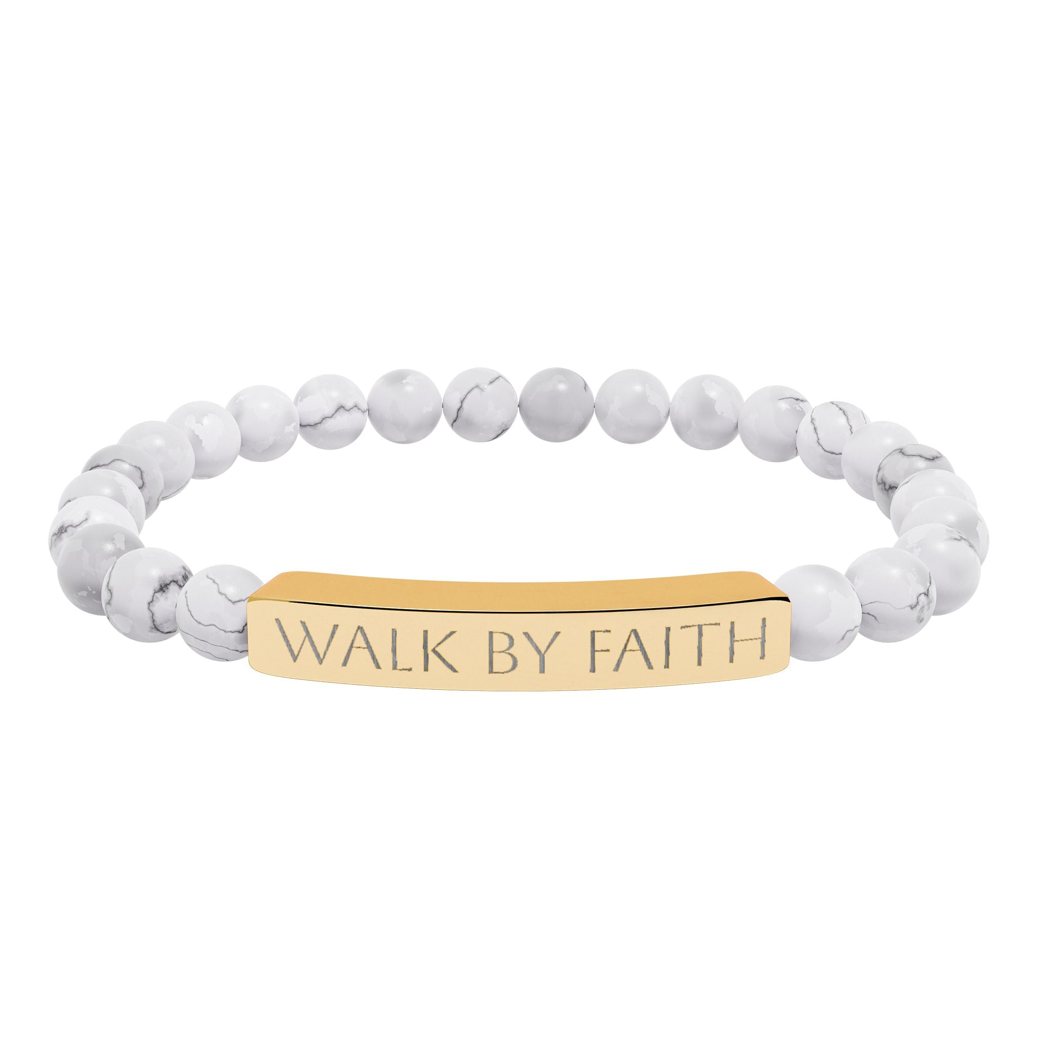 Walk By Faith black beaded Christian bracelet with engraved stainless steel bar