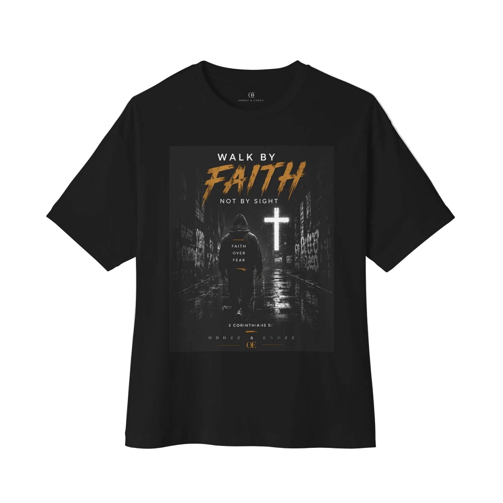 Walk by Faith Christian graphic tee inspired by 2 Corinthians 5:7 oversized streetwear