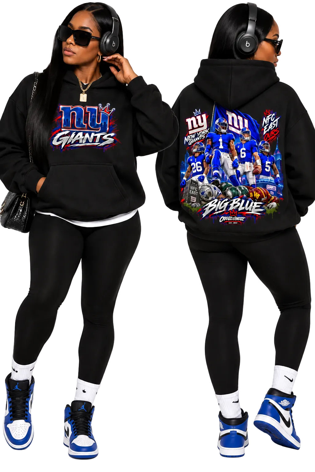 Black Oddzz & Endzz® Big Blue oversized hoodie with blue red and white New York football-inspired chest graphic