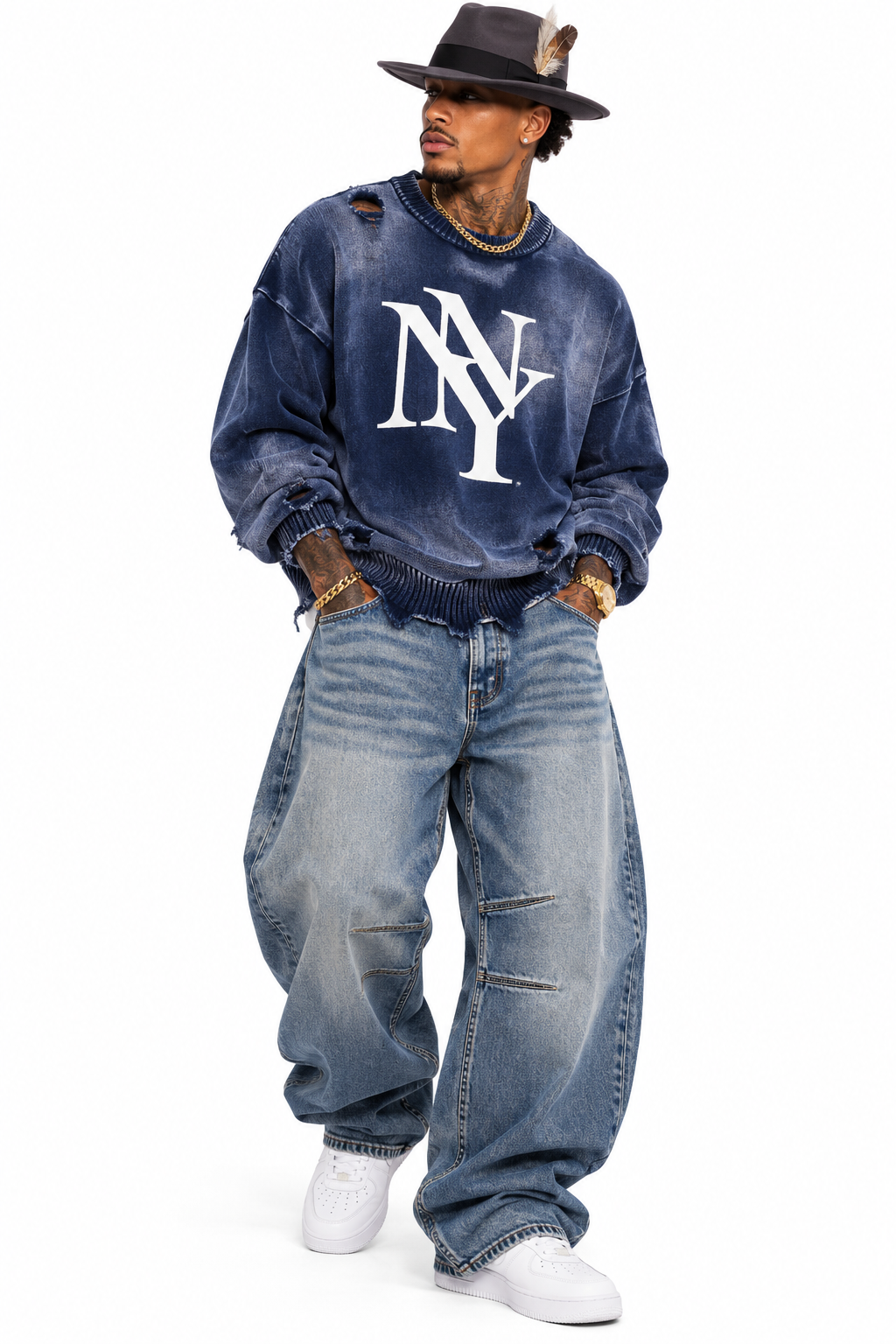 ODDZZ & ENDZZ® SUN FADE DISTRESSED RIPPED CREWNECK SWEATER