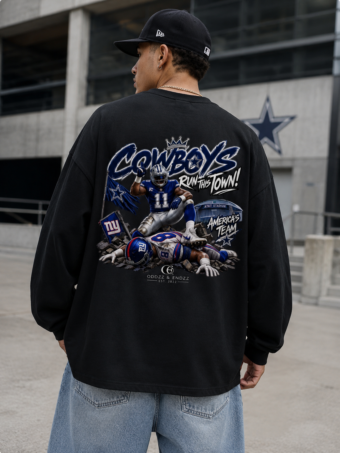 COWBOYS RUN THIS TOWN OVERSIZED UNISEX LONG SLEEVE BLACK TEE