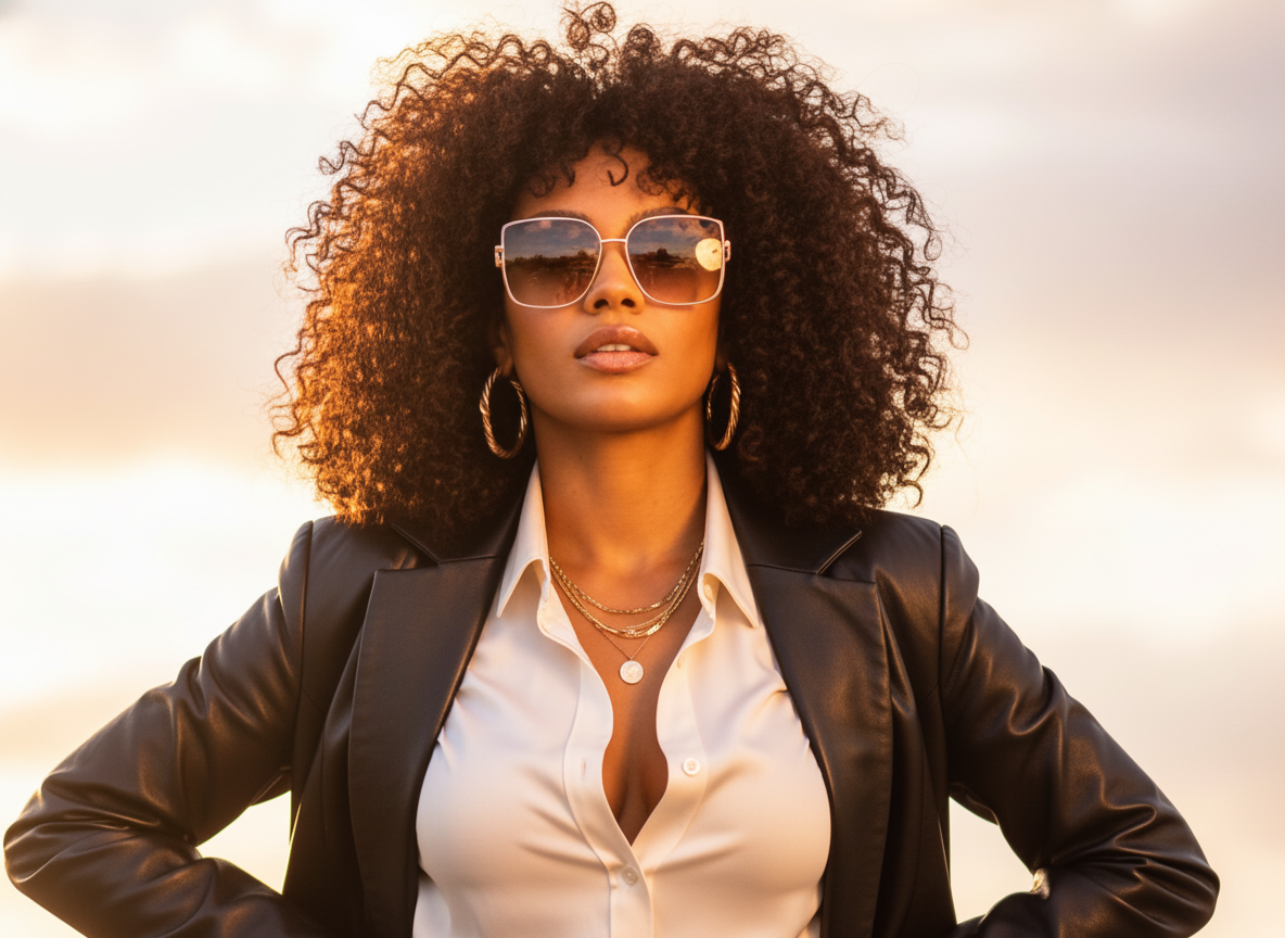 Woman wearing sunglasses and a denim jacket with a blurred background