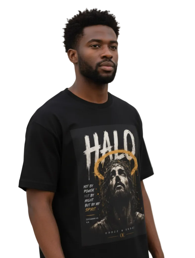 Premium faith-based graphic tee featuring Jesus portrait and Zechariah 4:6 scripture