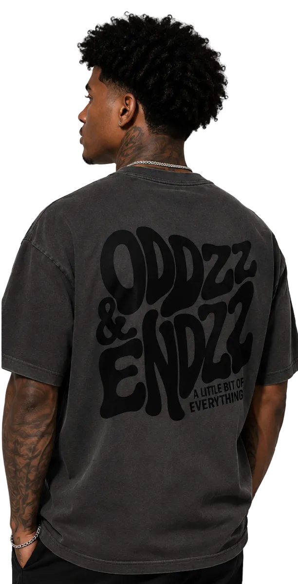 Washed charcoal oversized t-shirt featuring the Oddzz & Endzz® bubble logo back graphic