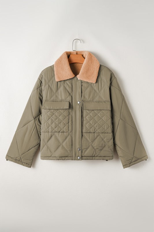 teddy collar quilted puffer jacket flap pocket winter coat