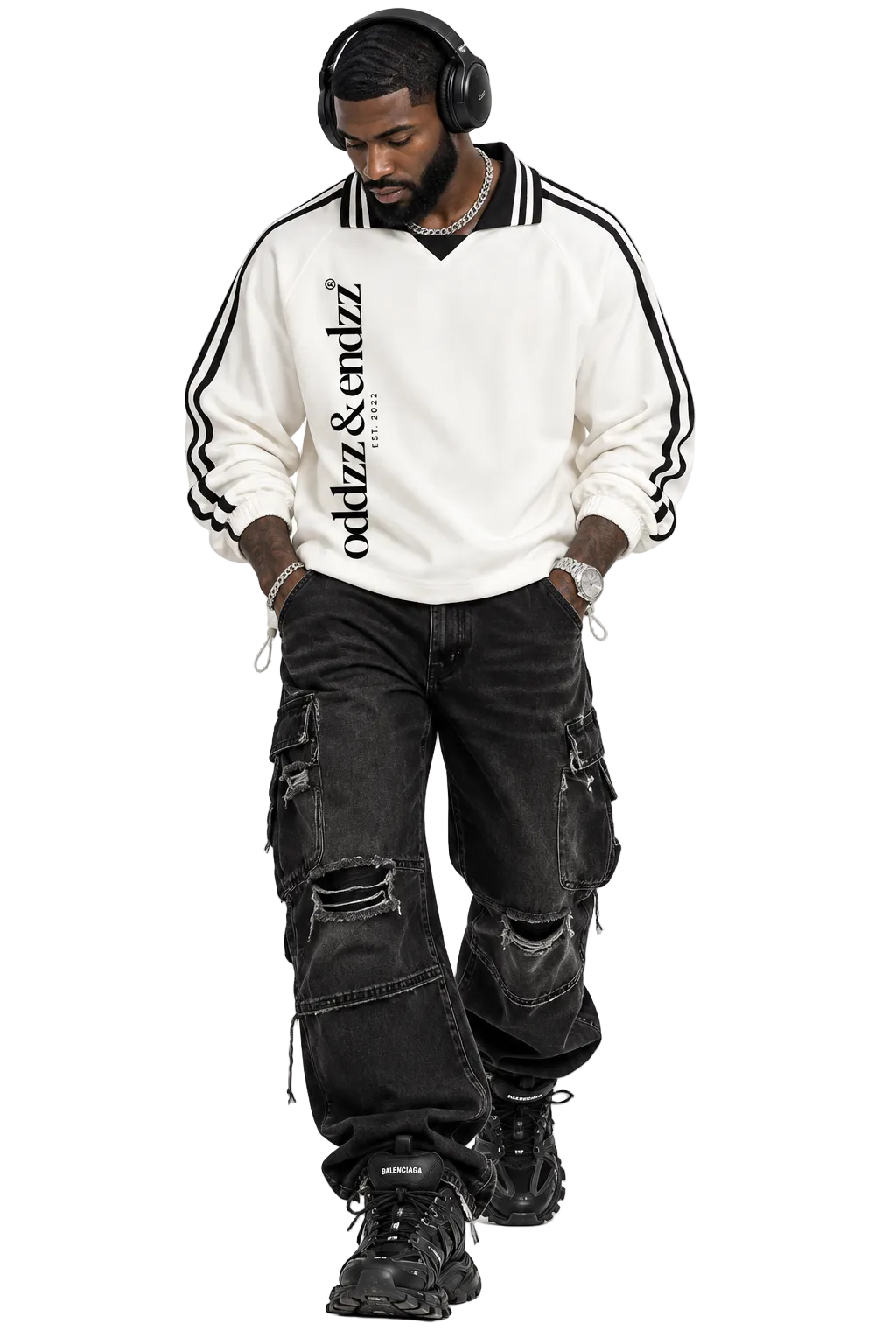 Oddzz & Endzz® cream unisex long sleeve pullover with black contrast collar, sleeve stripes and vertical logo