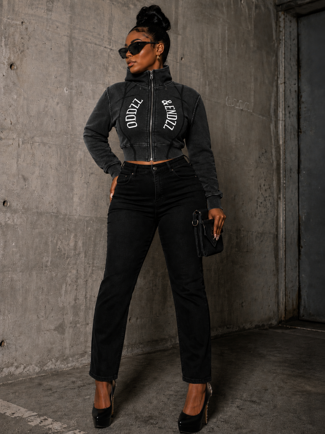 O & E Vintage Wash Cropped Double-Zip Hoodie