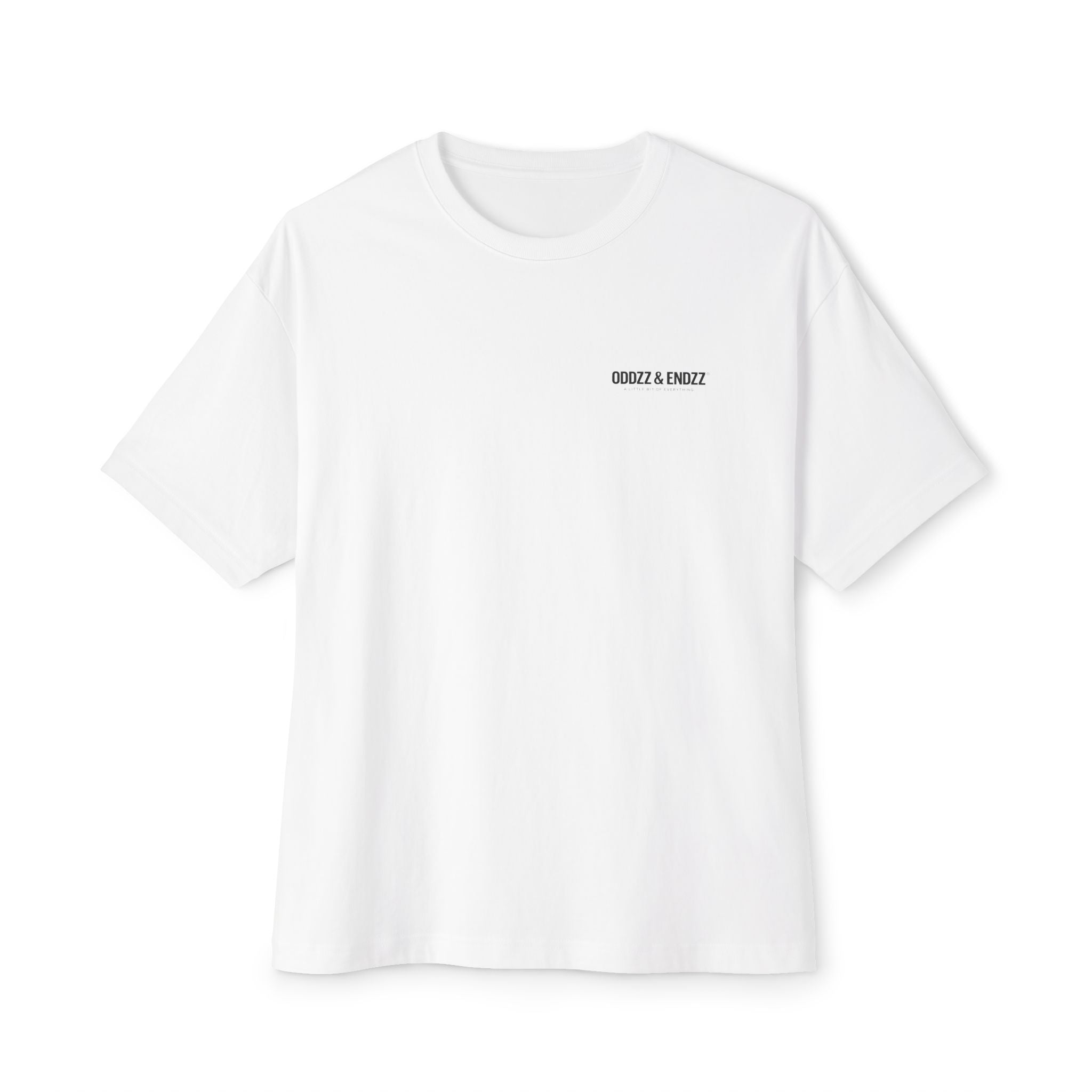 Oversized white streetwear t-shirt featuring the Oddzz & Endzz® signature logo on the back