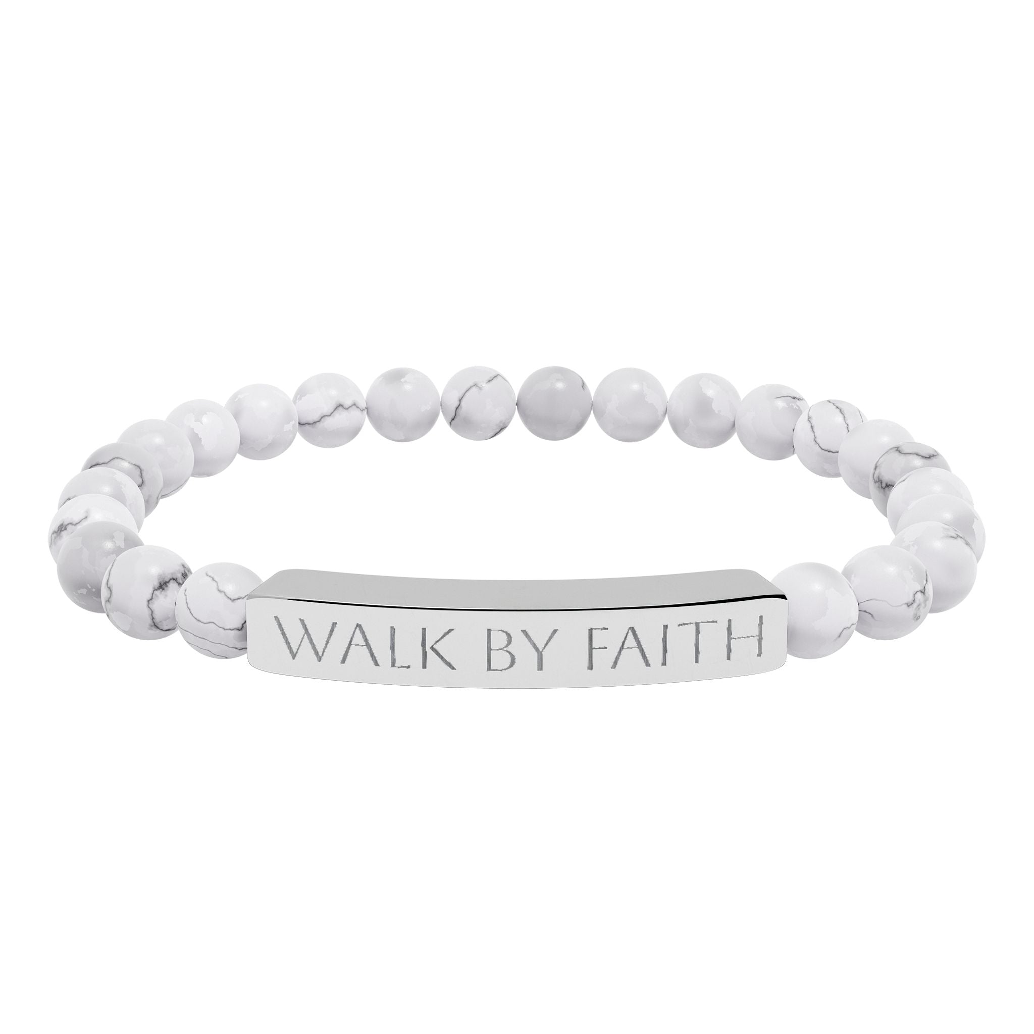 Walk By Faith black beaded Christian bracelet with engraved stainless steel bar