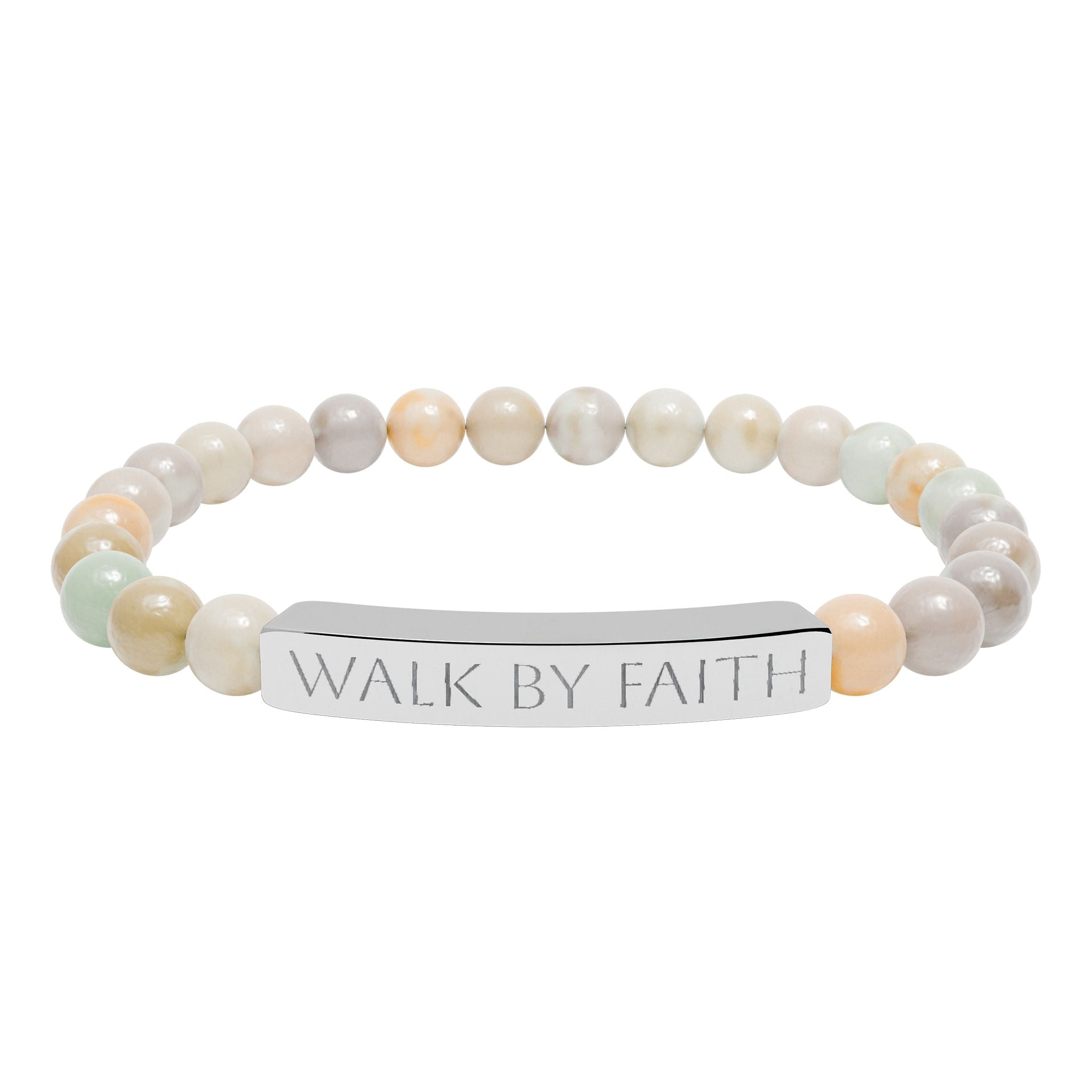 Walk By Faith black beaded Christian bracelet with engraved stainless steel bar
