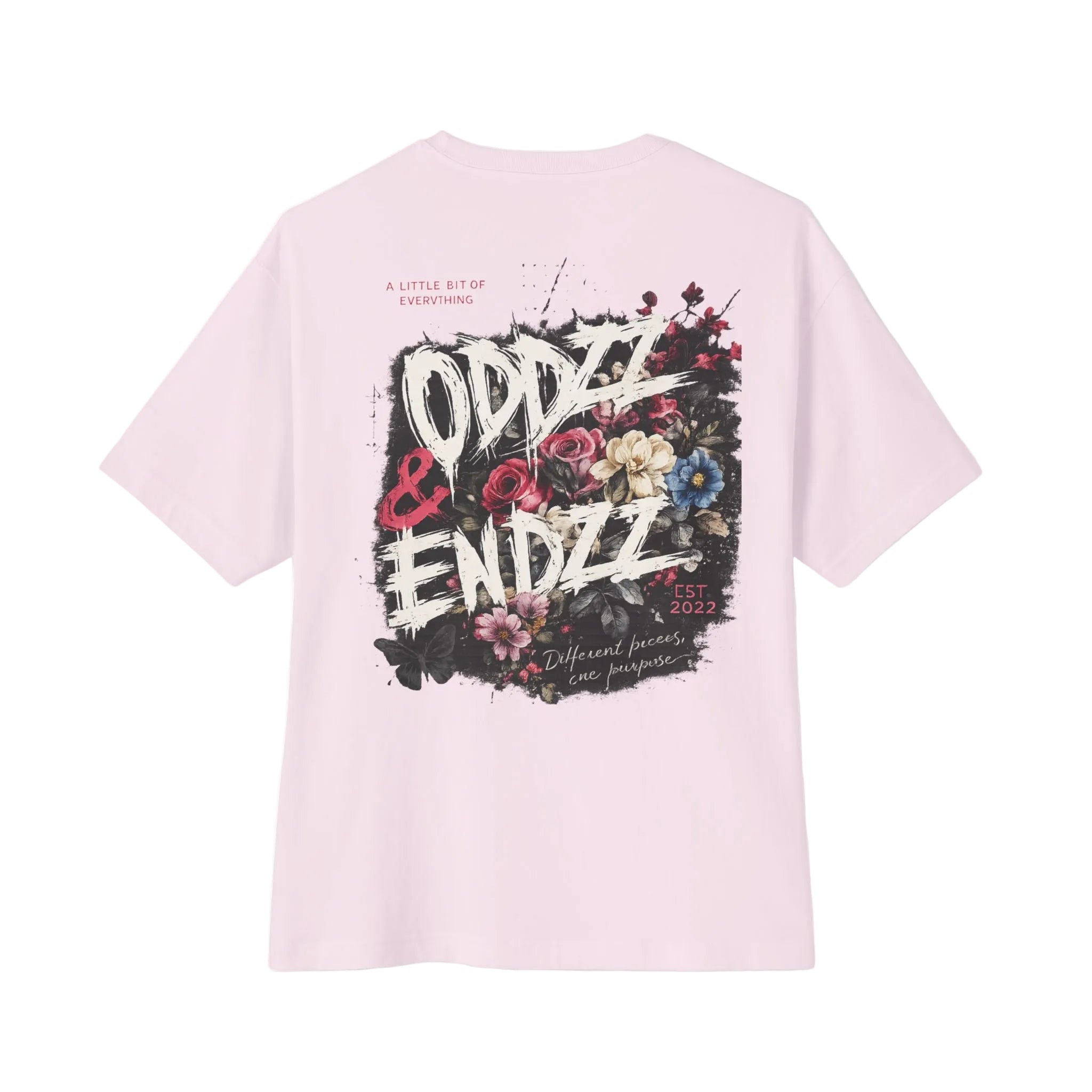 Different Pieces Oversized Tee featuring bold brush typography and vintage floral artwork by Oddzz & Endzz®