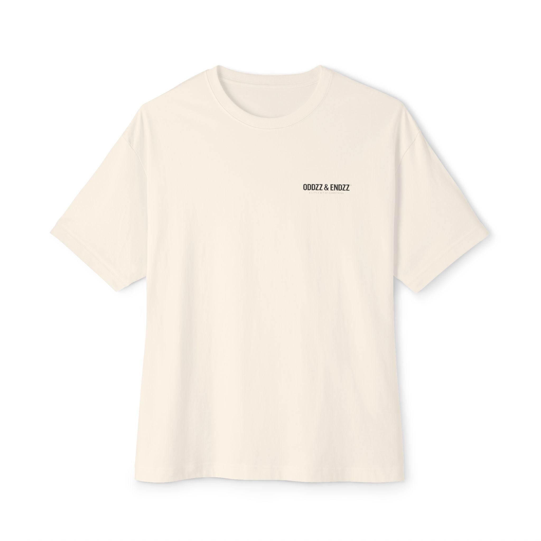 Oversized white streetwear t-shirt featuring the Oddzz & Endzz® signature logo on the back