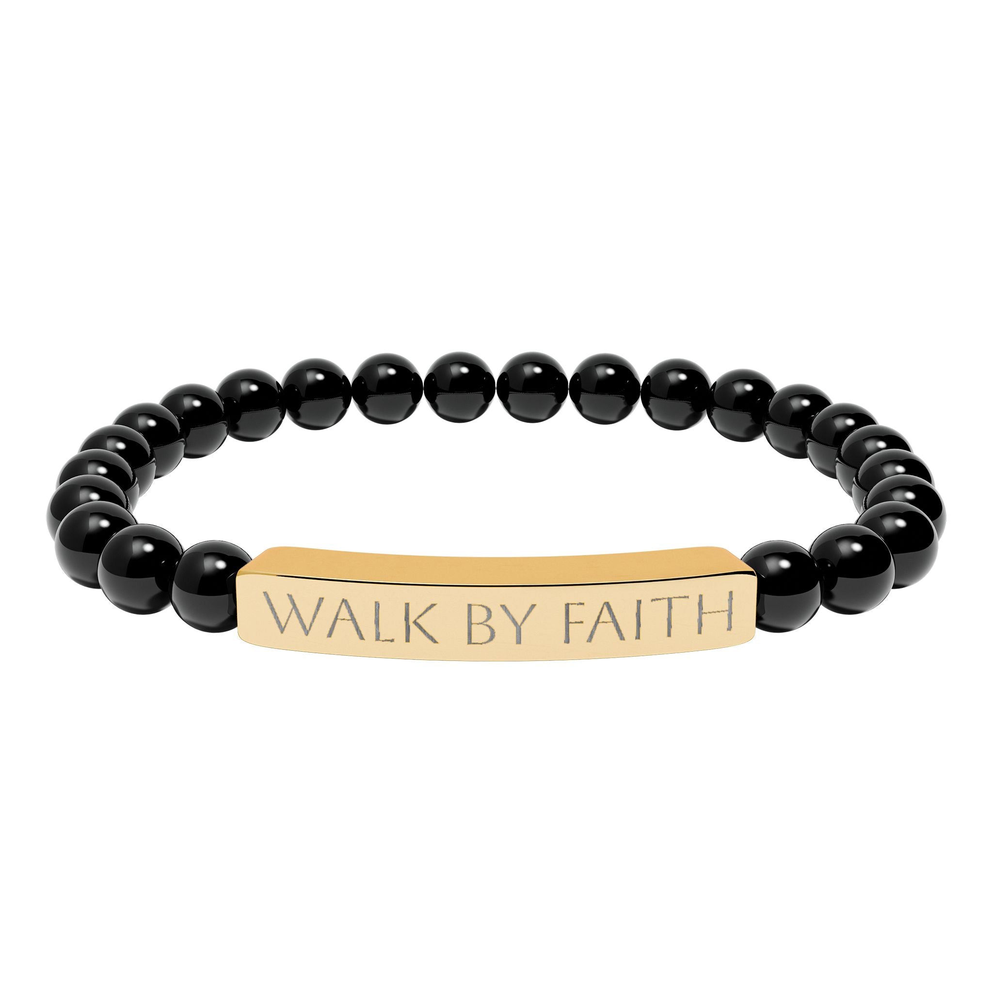 Walk By Faith black beaded Christian bracelet with engraved stainless steel bar