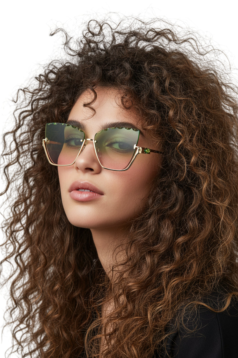 A pair of metal-framed, green-colored sunglasses with a cat-eye design.