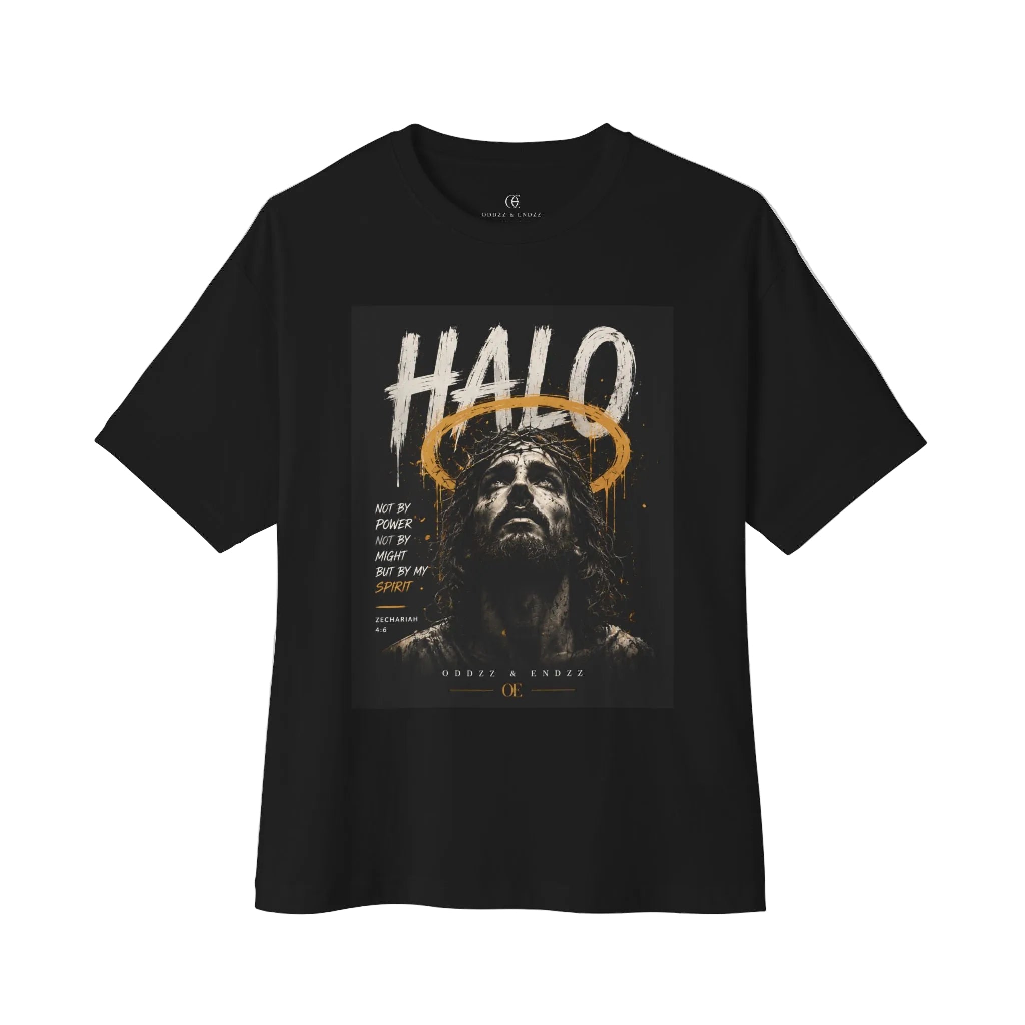 Premium faith-based graphic tee featuring Jesus portrait and Zechariah 4:6 scripture