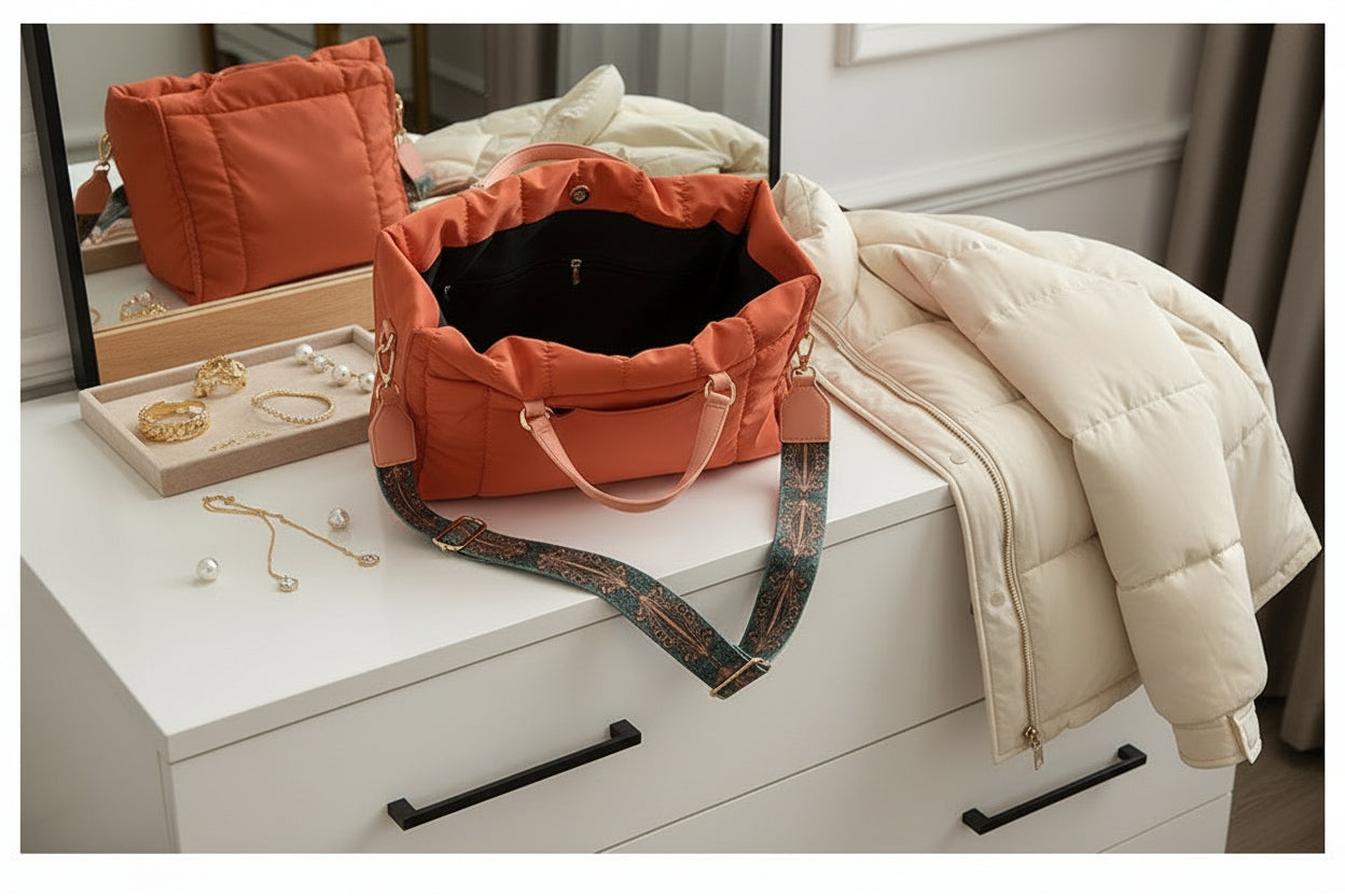 quilted puffer tote top handle puff handbag