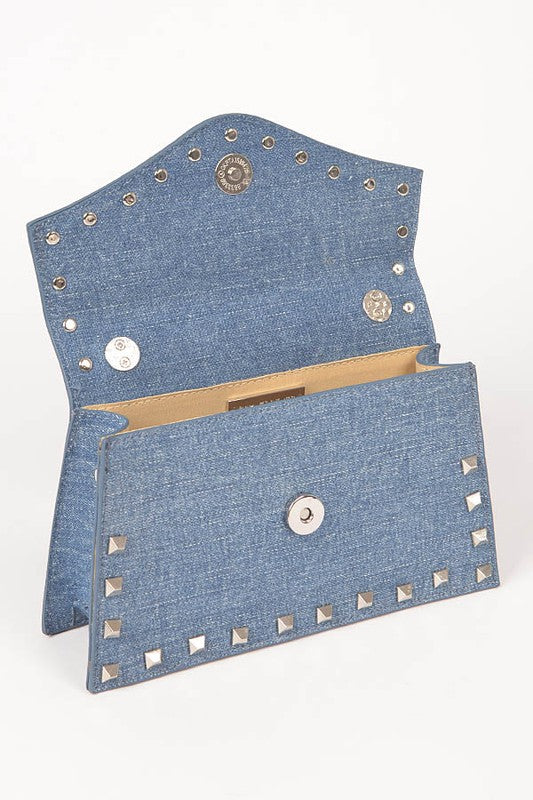 studded denim swing bag top handle statement handbag