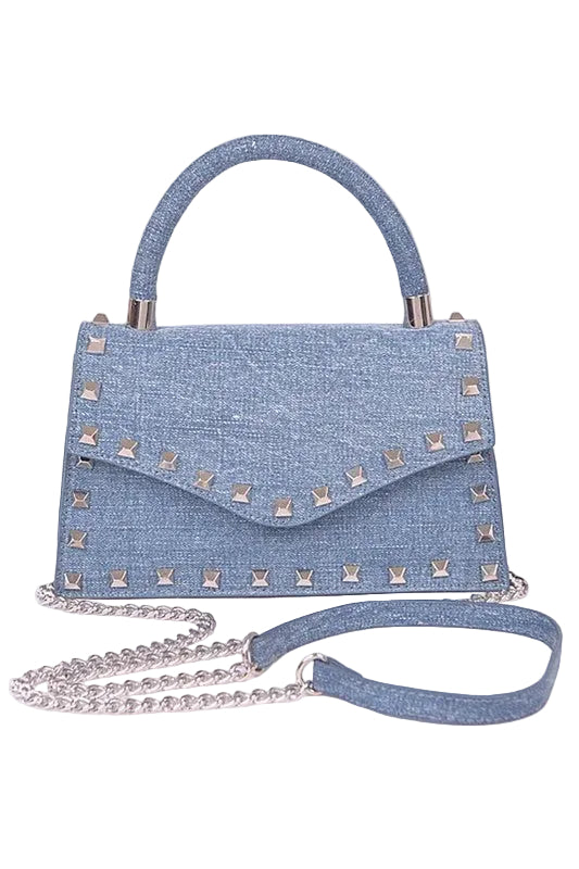studded denim swing bag top handle statement handbag