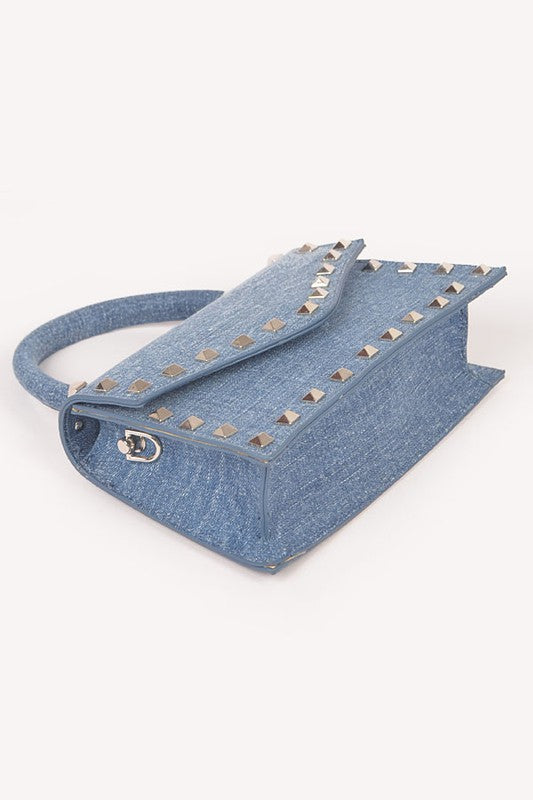 studded denim swing bag top handle statement handbag