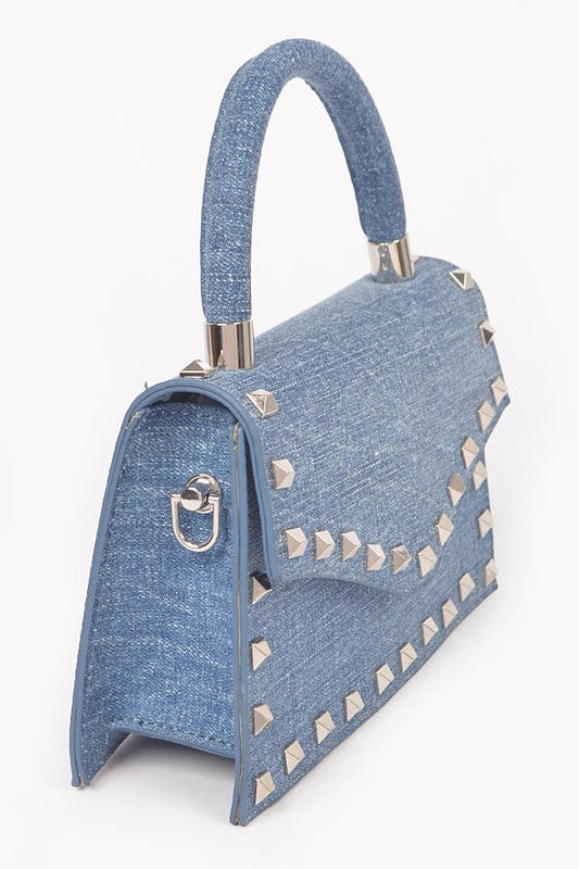 studded denim swing bag top handle statement handbag