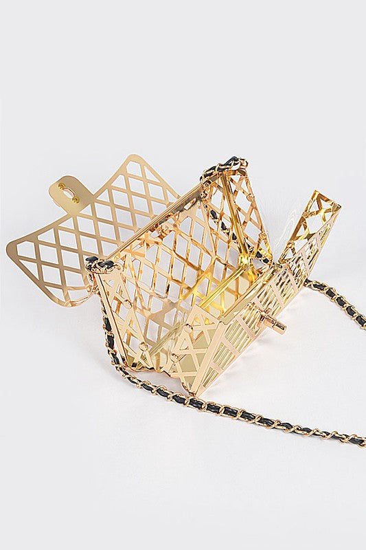 metal cage shoulder bag structured chain strap statement handbag
