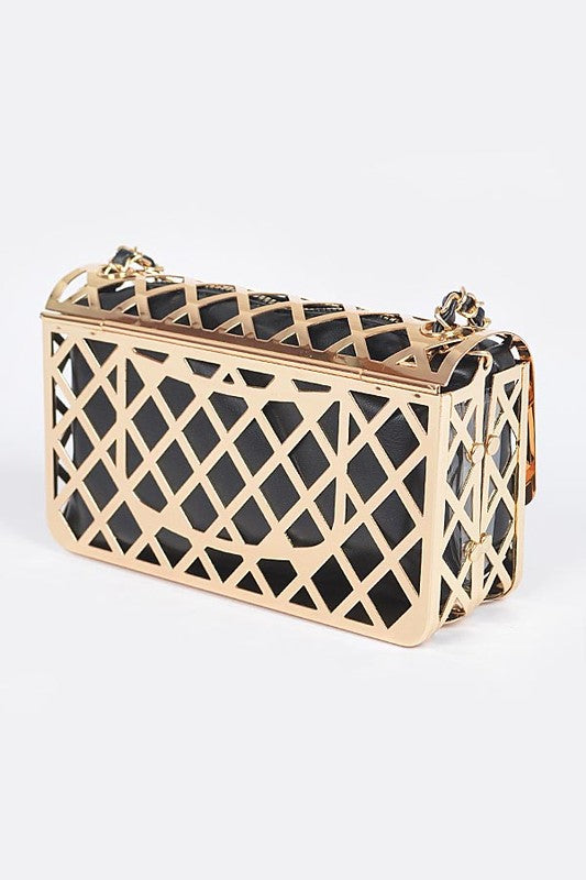 metal cage shoulder bag structured chain strap statement handbag