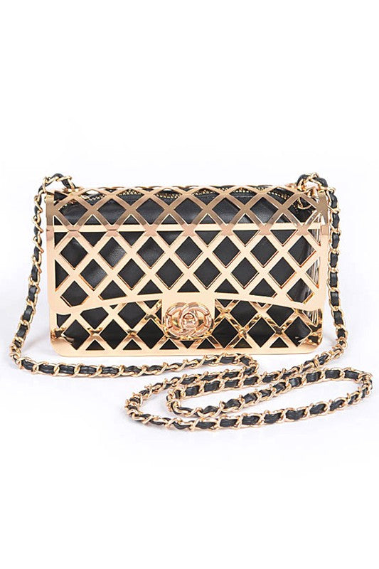 metal cage shoulder bag structured chain strap statement handbag