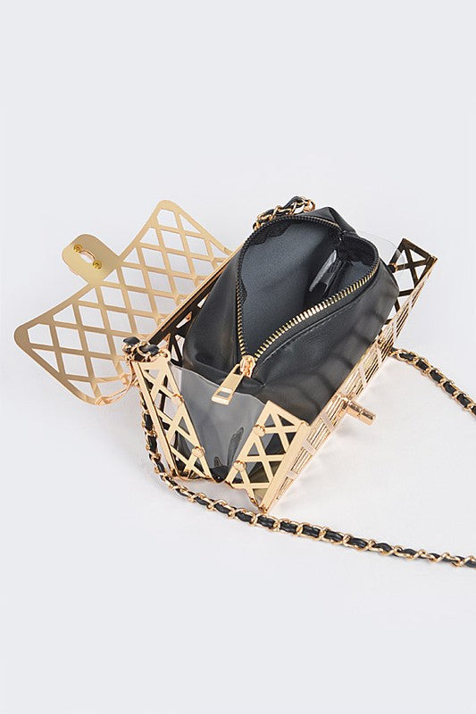 metal cage shoulder bag structured chain strap statement handbag
