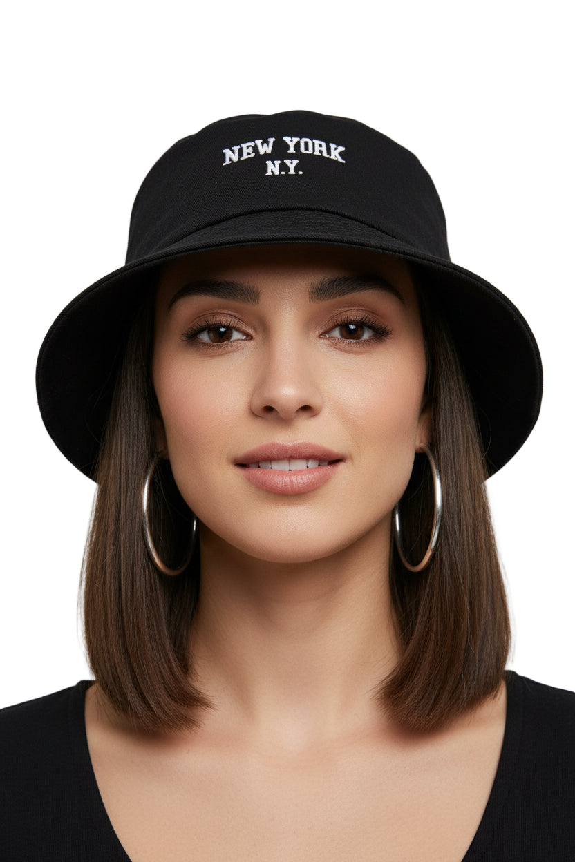 A black bucket hat with 'NEW YORK 3D Embroidery' printed on the front.