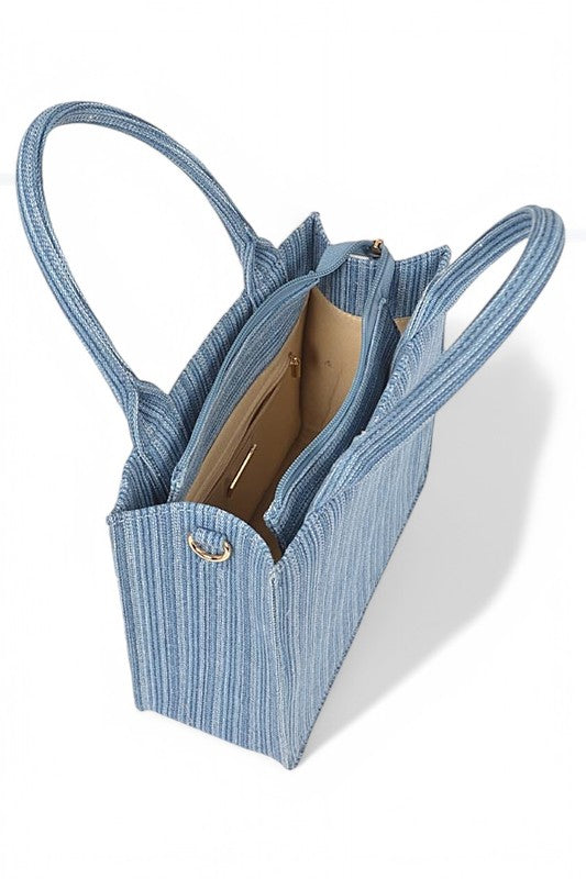 striped denim convertible tote mini top handle crossbody bag