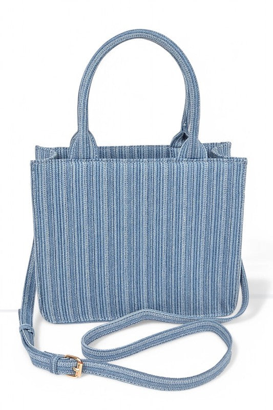 striped denim convertible tote mini top handle crossbody bag